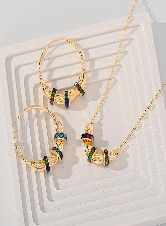 disclean Women's Gold Tone Twisted Hoop Earrings and Necklace Set with Colorful Simulated Gemstones - Fashionable Jewelry Set - Image 5